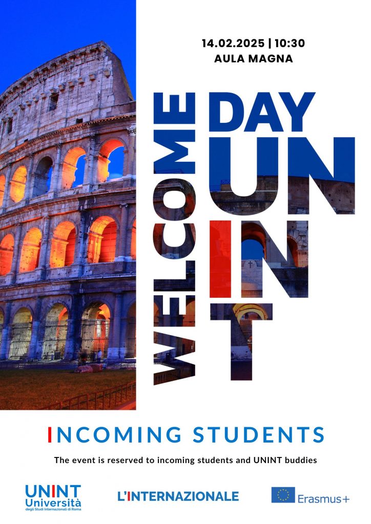 Locandina dell'evento "incoming students, welcome day" in cui è presente il titolo, la data, il luogo e l'ora dell'evento.