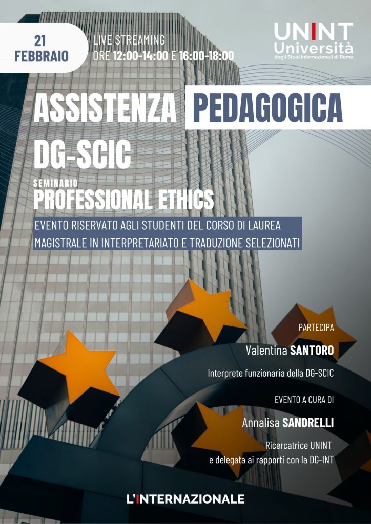 locandina dell'evento "assistenza pedagogica dg-scic", nella quale sono presenti ora, data, luogo e programma dell'evento e i loghi UNINT e L'INTERNAZIONALE.