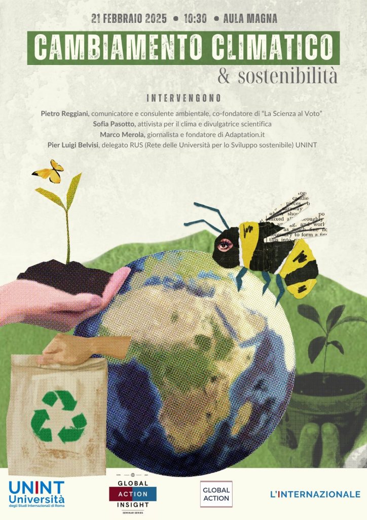 Locandina dell'evento "cambiamento climatico e sostenibilità" nella quale sono riportate ora, data, luogo dell'evento, il programma e i loghi UNINT e L'INTERNAZIONALE.