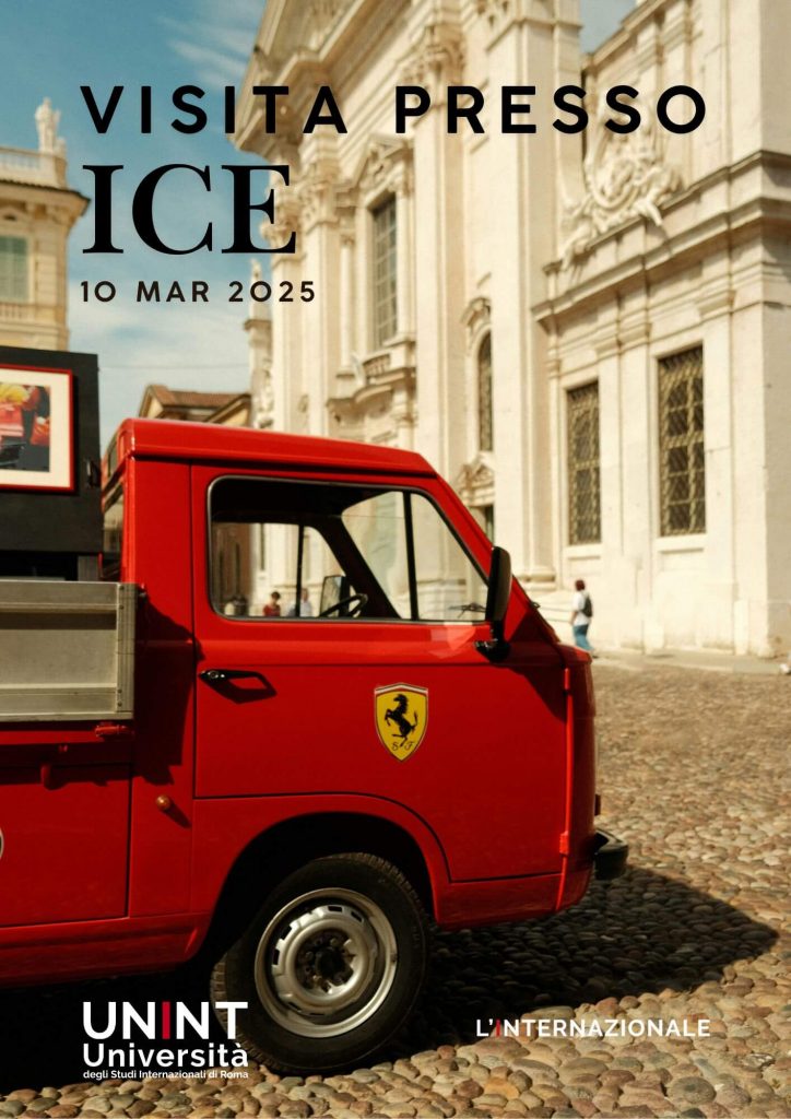 Locandina dell'evento "Visita presso ICE". La locandina presenta un tipico esempio di prodotto di lusso del made in Italy