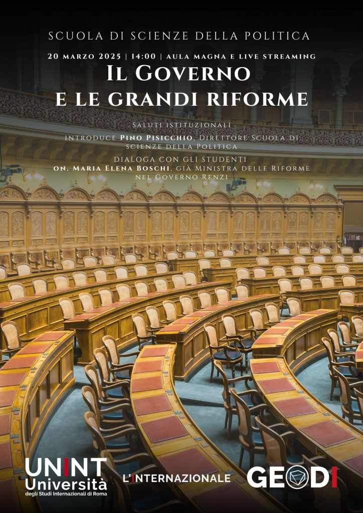 Locandina dell'evento "il governo e le grandi riforme" in cui sarà presente l'on. Maria Elena Boschi, senatrice e ministra nel governo Renzi