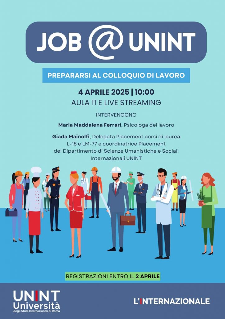 Locandina dell'evento job@unint nella quale sono presenti ora, data, luogo e programma dell'evento e i loghi unint e l'internazionale
