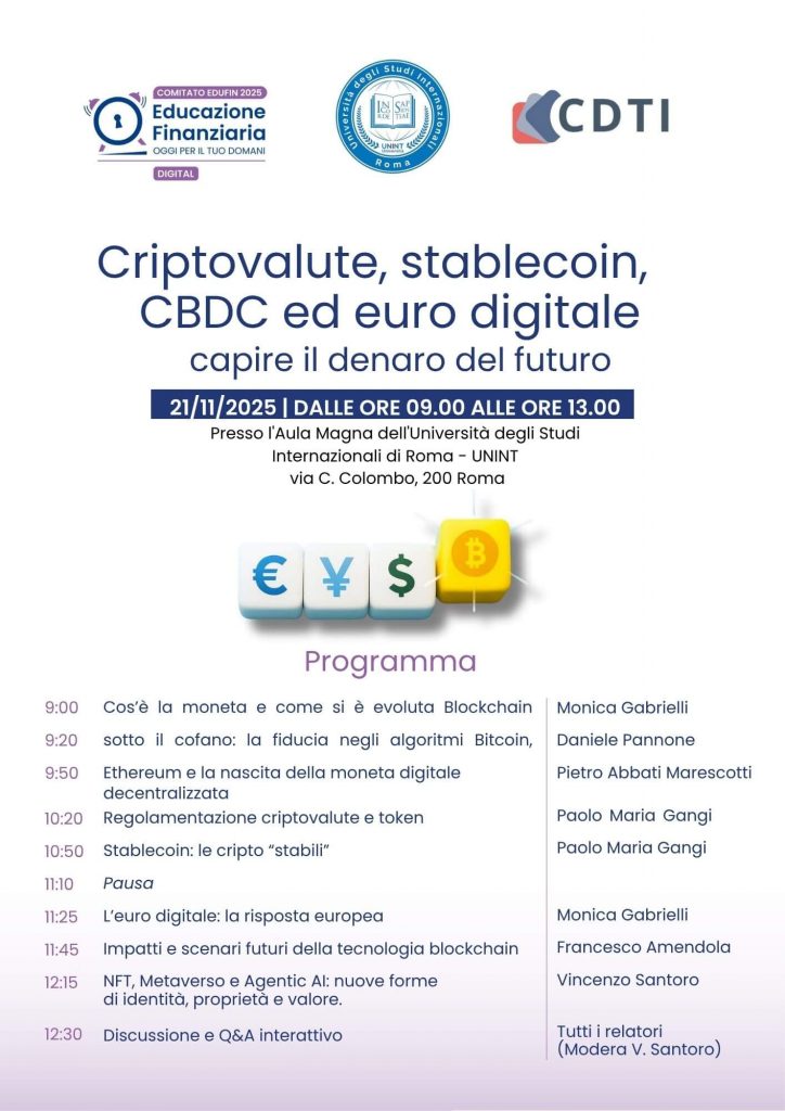 Locandina del convegno dal titolo "Criptovalute, stablecoin, CBDC ed euro digitale: capire il denaro del futuro"