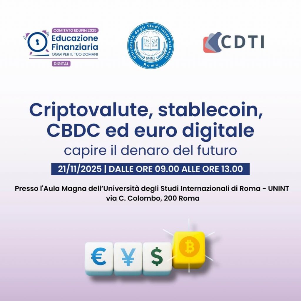 Immagine del convegno "Criptovalute, stablecoin, CBDC ed euro digitale"